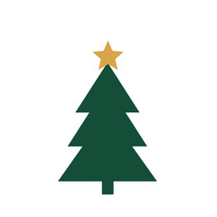 Stylized simple dark green Christmas tree with a golden star on white backdrop