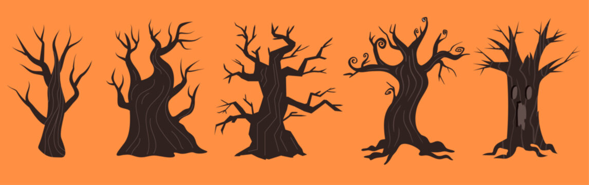 Silhouettes of spooky trees with twisted branches on an orange background. Halloween vector illustration, creating a haunting atmosphere
