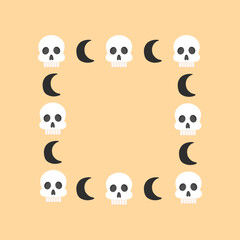 Naklejka premium A simple vector frame with white skulls and black crescent moons on a beige background. Halloween border suitable for spooky autumn advertising, sale banners, and others