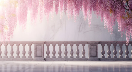 Beautiful wisteria flowers hanging over a stone balcony on a sunny day