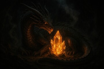 Dark Dragon Guarding Glowing Amber Crystal