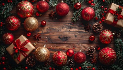 クリスマス飾り、赤とゴールドのオーナメント、木のテーブルのクリスマス、クラシックなホリデーデコレーション、松ぼっくりとギフトボックス、冬のインテリア、クリスマスの背景素材、ナチュラルテイストのクリスマス、きらめくオーナメント、暖かみのあるクリスマス写真、プレゼントとリボン、クリスマスのフラットレイ、ホリデーシーズンの雰囲気、テーブルコーディネート素材、伝統的なクリスマスカラー
