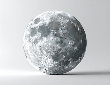 Highly detailed, realistic lunar sphere model; grayscale; craters, maria, and subtle lighting effects visible against a plain white background - Powered by Adobe