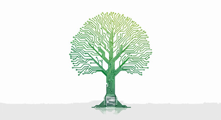 Green technology tree with electronic circuit elements. This conceptual Green technology tree, displayed with environmental responsibility, symbolizes technological development.