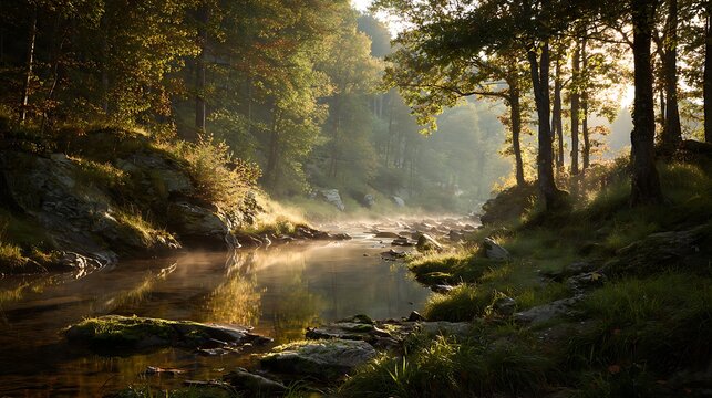 Early forest sunrise with light mist warm sunlight lighting leaves distant hills river calmly flowing no animals peaceful nature