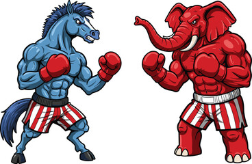 Donkey vs elephant illustration, boxing mascot artwork, political rivalry concept, Democrat 