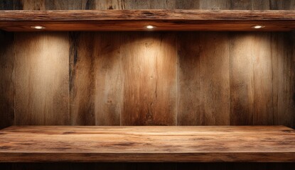 Wooden shelf display, lit from above
