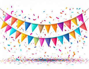 Obraz premium Colorful Birthday Banner with Party Flags and Confetti, Front View, Isolated 