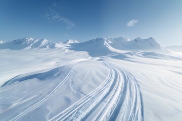 Majestic aerial snow covered mountain vista sweeping over glaciated ridgelines and icy summits winter mountain landscape