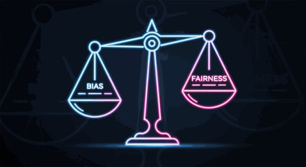 Bias and fairness concept, with equilibrium on balance scales in bright neon light. Bias and fairness concept reflects justice, equality, and impartiality, visualized on balance scales.