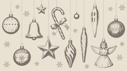 A charming collection of vintage christmas ornaments in a delicate silhouette style including baubles icicles bells stars and an angel suspended against a festive snowflake background silhouette