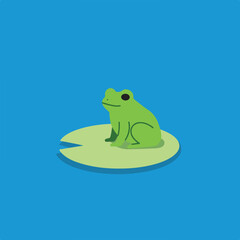 Green frog sits on a lily pad in blue water
