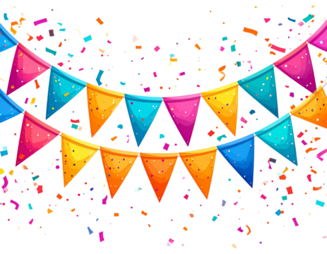 Colorful Birthday Banner with Party Flags and Confetti, Front View, Isolated