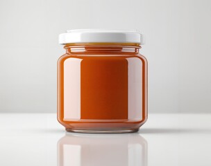 Glass jar filled with smooth orange sauce puree with white lid studio product photography on reflective white surface minimal background high gloss reflections