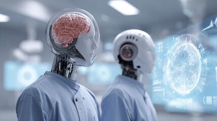 Futuristic ai robots with visible human brain in modern medical lab