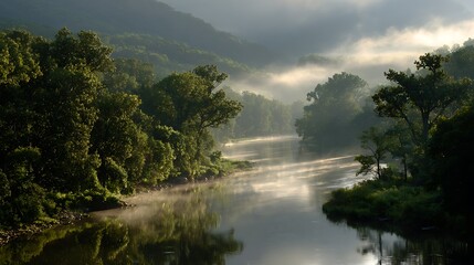 Early morning forest view with mist drifting soft sunlight shining on leaves distant green hills calm river natural and undisturbed
