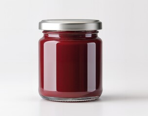 Glass jar filled with deep red jam smooth glossy surface metal screw lid isolated on white background studio lighting product shot minimal unlabeled condiment preserve