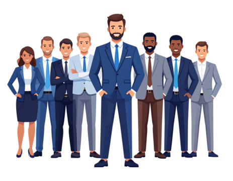 Confident Business Leader with Team Standing Behind, Front View, Vector Illustration
