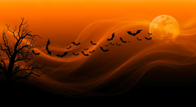 Spooky halloween night with a full moon silhouetted bare tree and a flock of bats flying across an orange sky