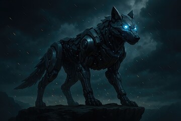 Robotic Cyber Wolf With Glowing Blue Eyes
