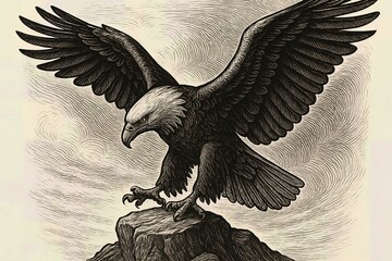 Bald Eagle Landing on Crag in Vintage Engraving