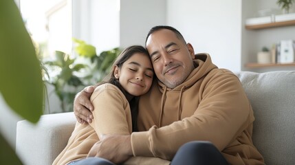 Hispanic Father and daughter embrace on cozy couch in bright living room