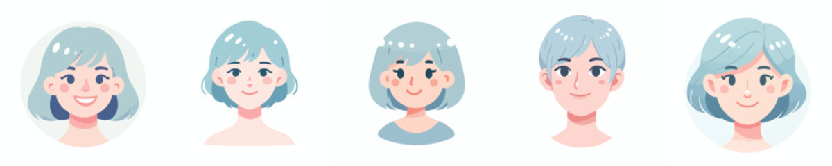 Vector Avatar of a woman's face with short hair colored pastel blue, light skin, cheerful expression