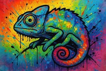 Vibrant Graffiti Chameleon on Rainbow Splatter Background