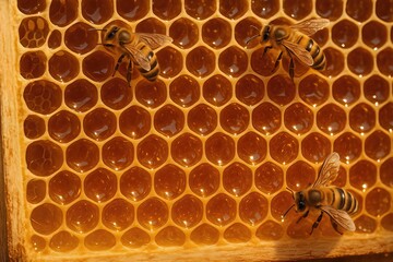 Honey Bees on Golden Honeycomb Macro Texture