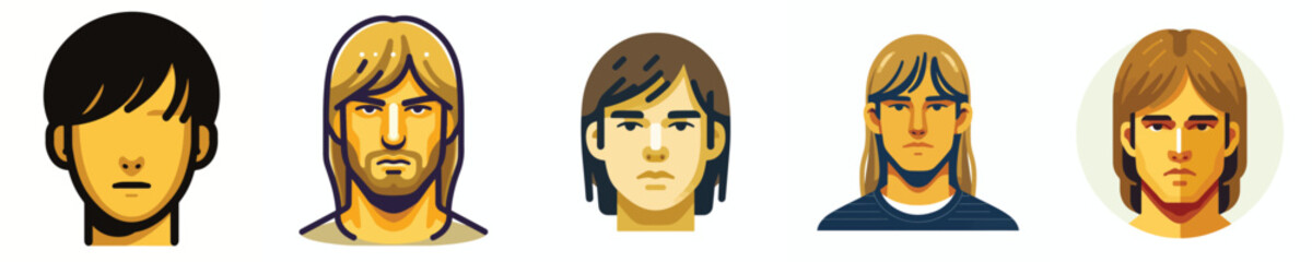 Vector avatar of a man's face with straight hair and straight bangs, yellow skin, and a serious expression.