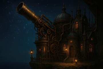 Steampunk Observatory with Giant Brass Telescope