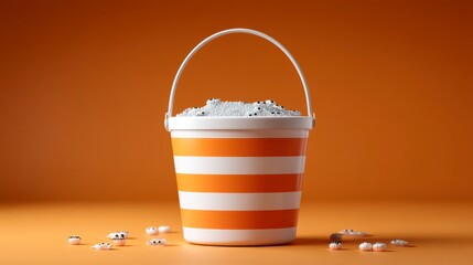 Bucket with Contents: A bright orange bucket with white stripes, brimming with its contents, stands against a clean orange backdrop.