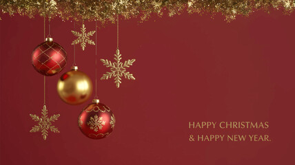 Festive red and gold christmas ornaments and snowflake decorations hanging against a deep red background with holiday greetings silhouette