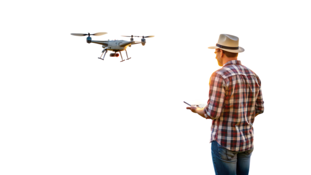 Man in hat, controlling a drone with a tablet in a field, cutout, PNG isolated on transparent background