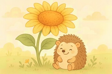 Cute Hedgehog Beside Sunny Sunflower Illustration