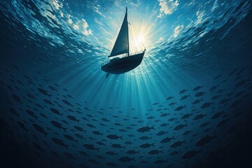 Underwater View of Sailboat and Sunlit Fish