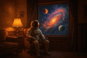 Astronaut Daydreaming by Window into Galaxy