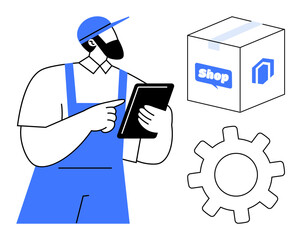 Worker in uniform using tablet, box labeled shop, gear icon symbolizing efficiency. Ideal for logistics, inventory, e-commerce, delivery, supply chain technology productivity. Simple flat metaphor