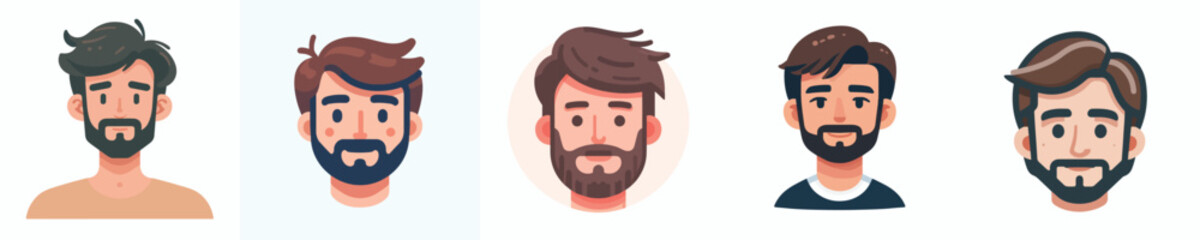 Vector Avatar of a man's face with thin hair and a thick beard, medium skin tone, friendly expression