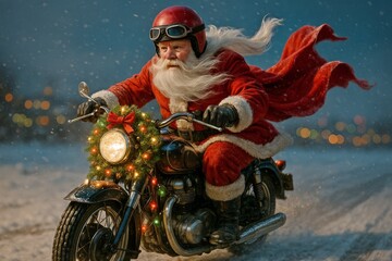 Obraz premium Santa claus drives motorcycle decorated with glowing christmas lights in snowy evening. motorbike adventure. Christmas santa claus rides motor bike through winter forest. Seasonal holiday background