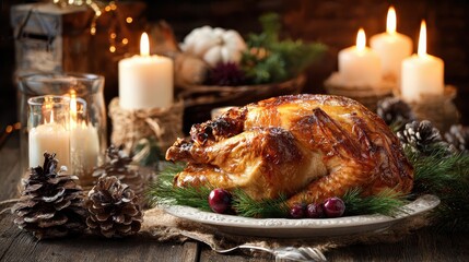 Holiday Feast Centerpiece: Perfectly Roasted Turkey or Chicken Adorned with Festive Herbs, Surrounded by Warm Candlelight.
