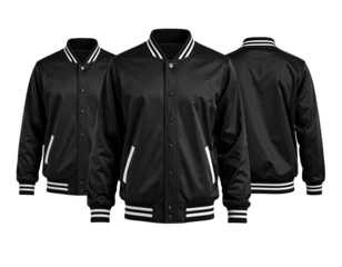 Three views of a black varsity jacket