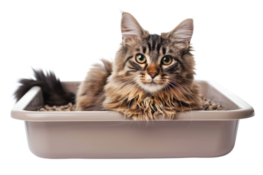 A fluffy brown tabby Maine Coon cat lounges in its litter box, framed against a stark black backdrop. Its captivating eyes draw you in.