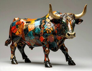 Colorful Bull Sculpture, Artistic Bronze Bull.