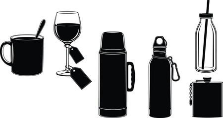 Black silhouette collection of coffee mug, wine glass, thermos, water bottle, glass bottle, and hip flask icons for drinkware, beverages