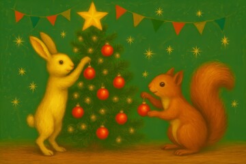 rabbit and squirrel decorate Christmas tree with bright ornaments and holiday decorations. Two forest animals, rabbit and squirrel, decorate Christmas tree. vibrant tree. retro cartoon animation