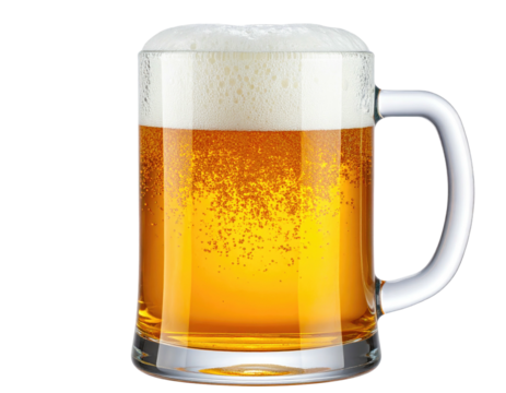 A full glass mug of light amber beer, topped with a thick head of froth