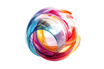 Abstract art featuring a sphere of swirling, translucent bands in rainbow colors, set against a black background. Modern, illusionistic, and visually engaging.
