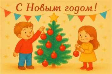 children decorate Christmas tree with red Christmas balls. boy and girl are preparing for new one. retro Christmas card. Christmas cartoon and animation. tree brightly of holiday celebration.