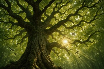 Majestic Ancient Oak With Sunbeams in Forest